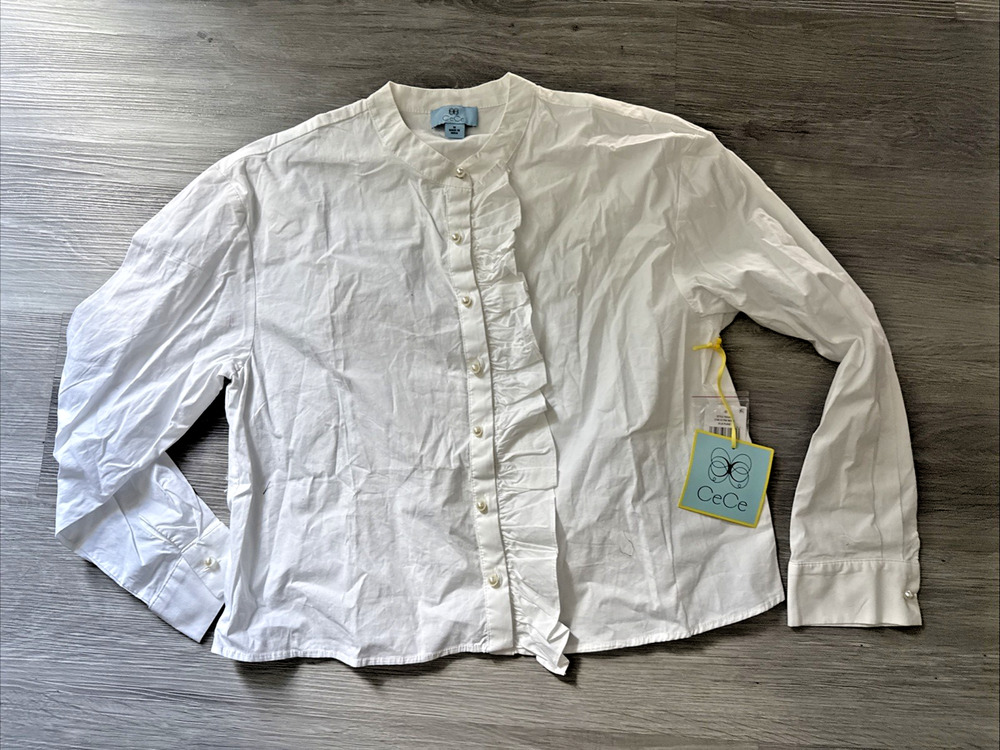 Girls Cece Button Down Shirt, White, Size Medium